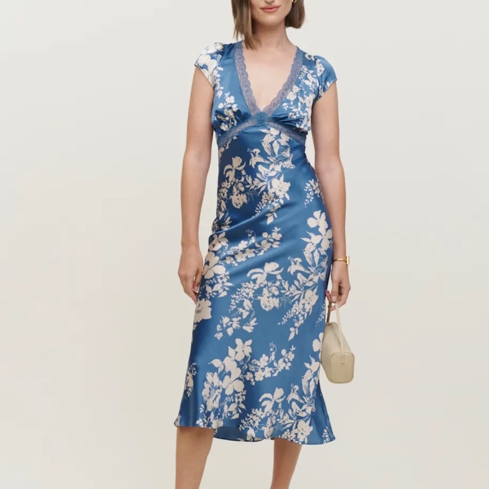 Reformation Coven Silk Dress in Cyanotype